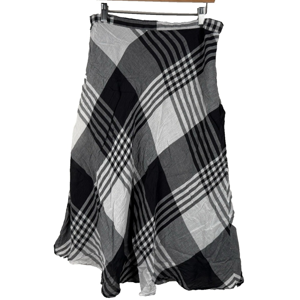 Coldwater Creek Midi Skirt Black White Plaid‎ 100% Cotton Sz LP Lined Lagen Boho